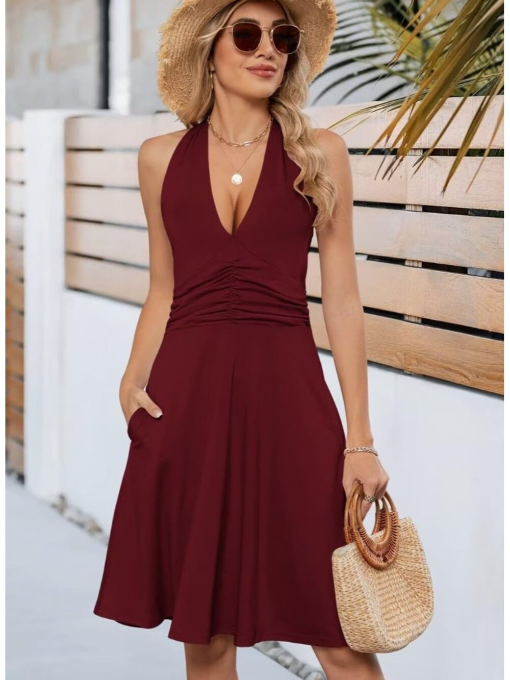 Women's Wine Red Sundress Summer Sleeveless Halter Neck Casual Beach Dress - Picture 3 of 6